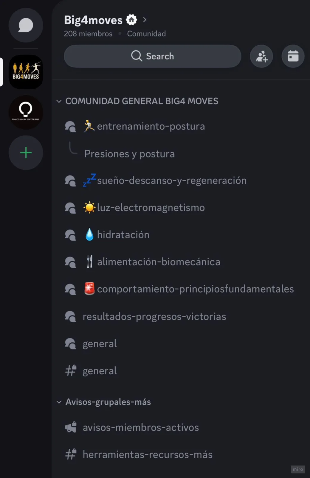 Comunidad de Big4 Moves con canales de postura, sueño, luz, hidratación, alimentación y comportamiento